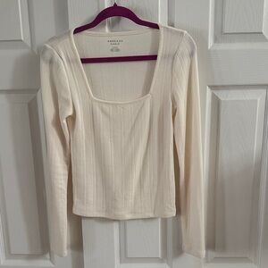 American Eagle Outfitters Cream Ribbed Square-Neck Long Sleeve Top - Neutral